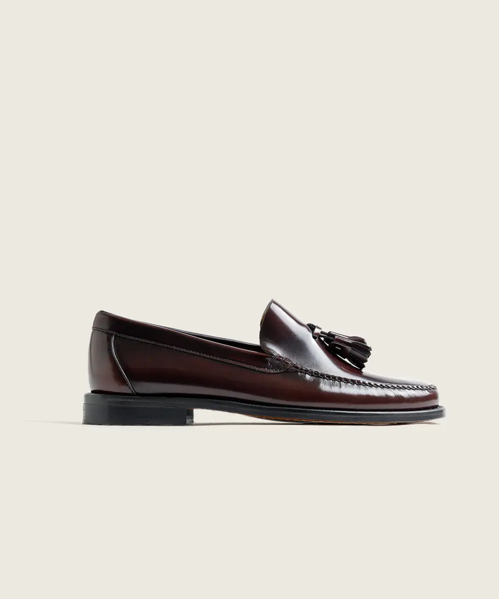 ZAPATO MOCASIN HOMBRE COSIDO A MANO BURDEOS BORLAS 801 SUELA DE CUERO