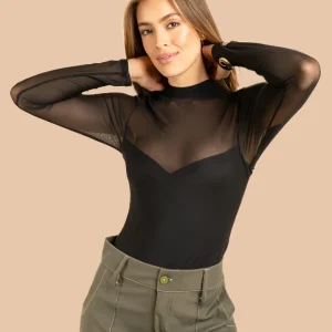 Body color negro en malla transparente y manga larga 106379