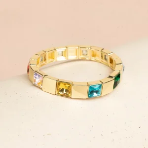 Pulsera color dorado con cristales cuadrados multicolor 106398