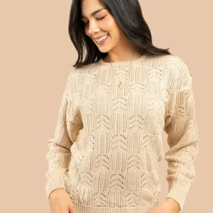 Buzo color beige tejido calado hojas 106756