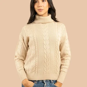 Buzo color beige con cuello tortuga y trenzado 106757