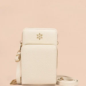 Porta celular color beige con doble compartimento y cierres dorados 106847