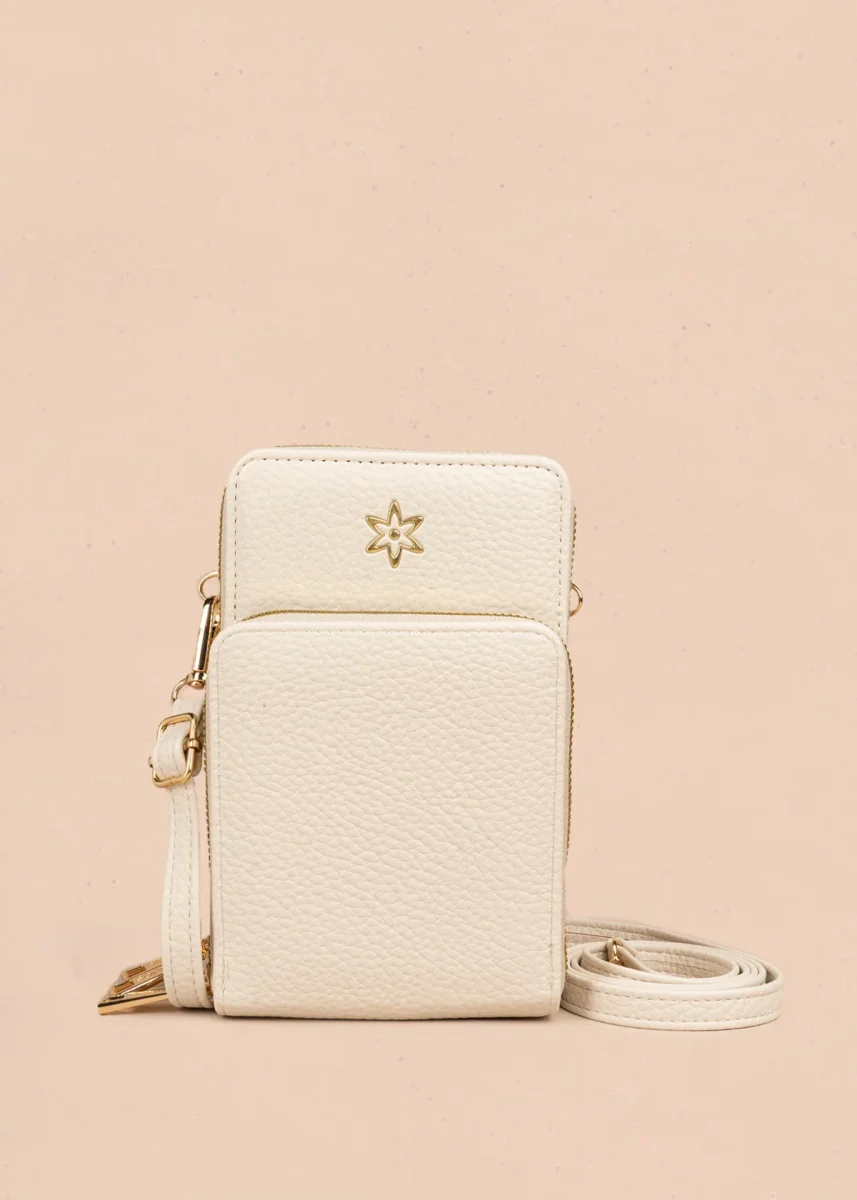 Porta celular color beige con doble compartimento y cierres dorados 106847