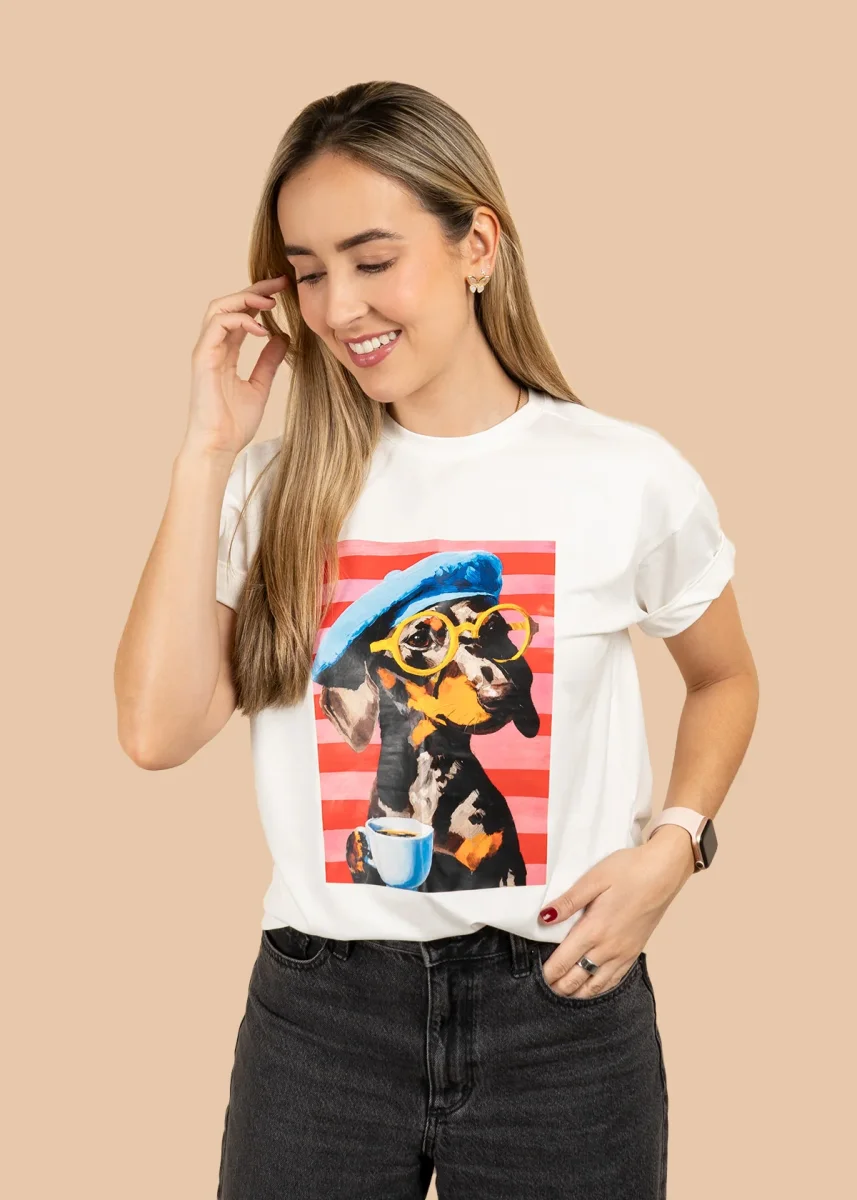 Camiseta algodón con estampado de perrito color marfil 107056