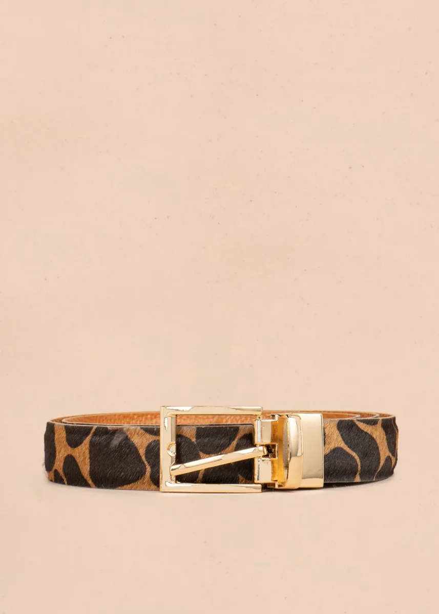 Cinturón de cuero doble faz animal print negro color miel 107061