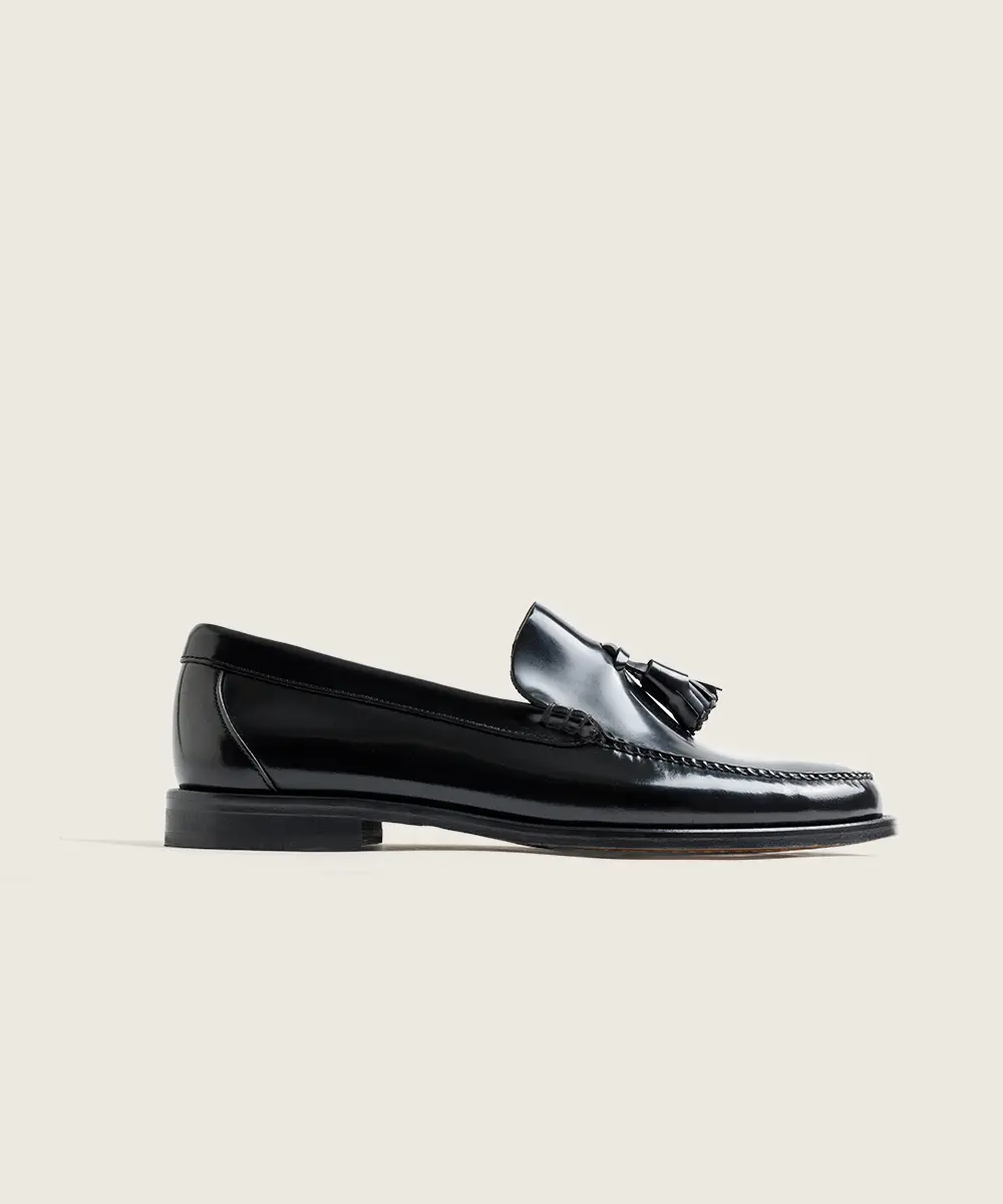 ZAPATO MOCASIN HOMBRE COSIDO A MANO NEGRO BORLAS 801 SUELA DE CUERO