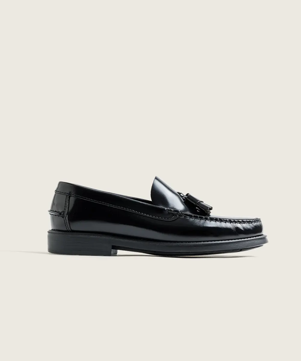ZAPATO MOCASIN HOMBRE COSIDO A MANO NEGRO BORLAS 101 PISO DE GOMA