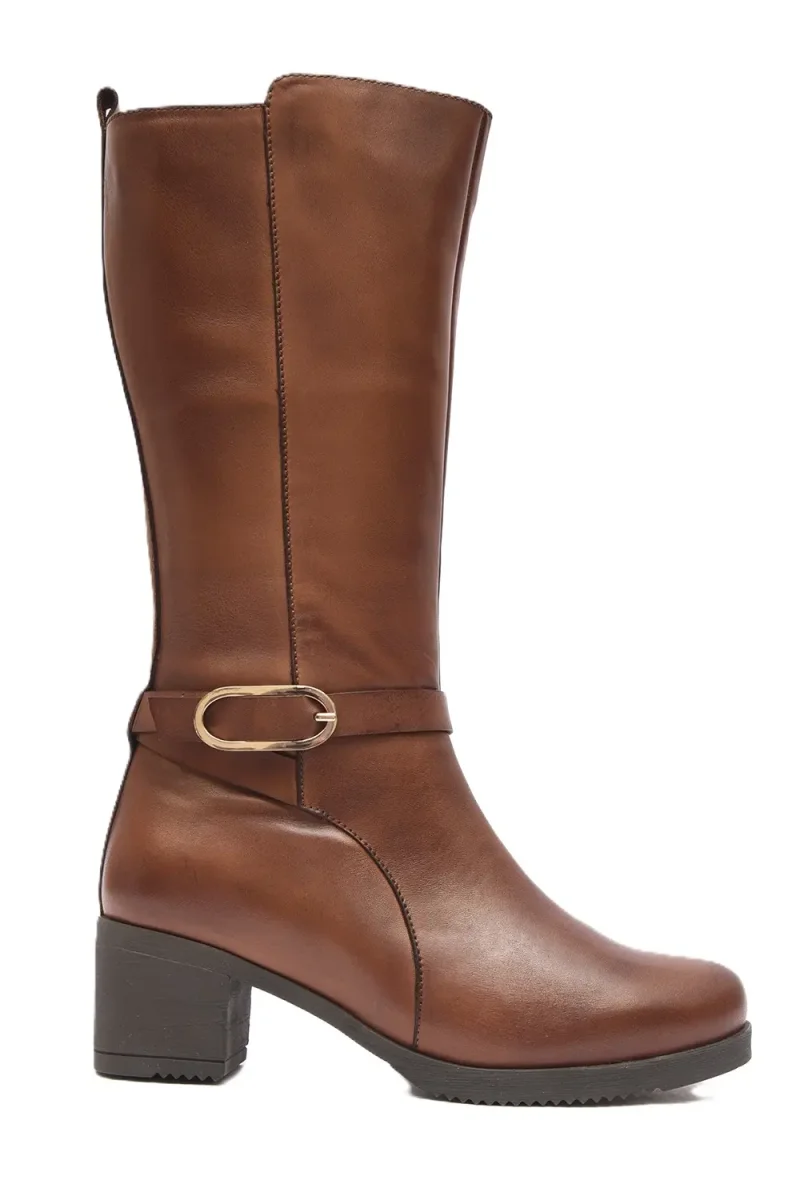 BOTA MUJER CUERO TACON CUADRADO  CREMALLERA Y ELÁSTICO LATERAL  L-1303