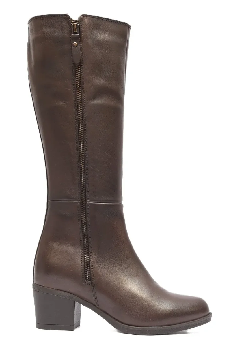BOTA MUJER MARRON TACON CUADRADO  CREMALLERA Y ELÁSTICO LATERAL  L-1309