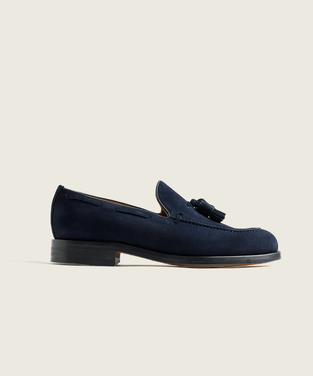ZAPATO HOMBRE BORLAS TASSEL SERRAJE AZUL MARINO SUELA DE CUERO